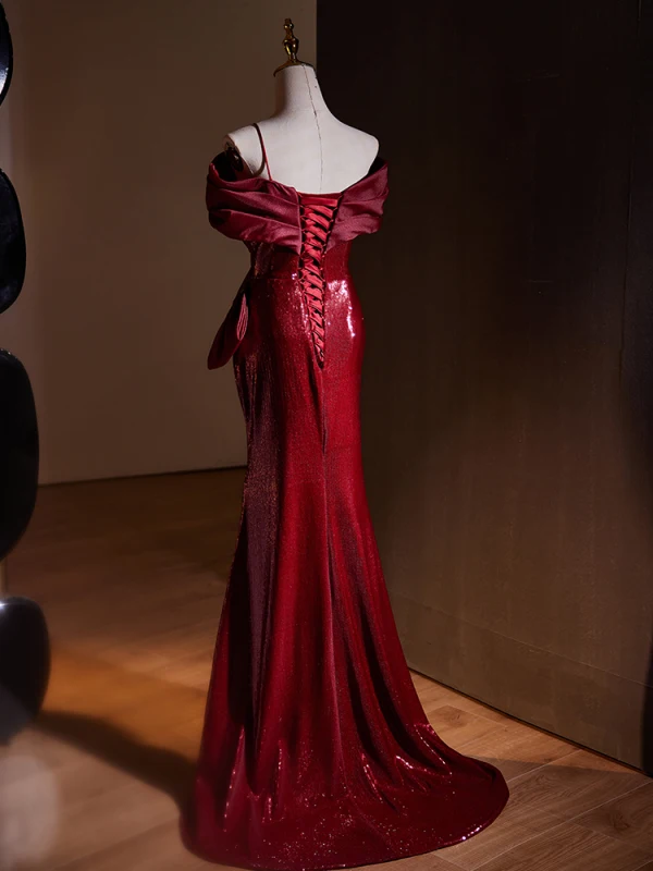 Élégant Bordeaux Paillettes Robe De Bal 2024 Trompette / Sirène De l'épaule Manches Courtes Dos Nu Train De Balayage Promo Robe De Ceremonie