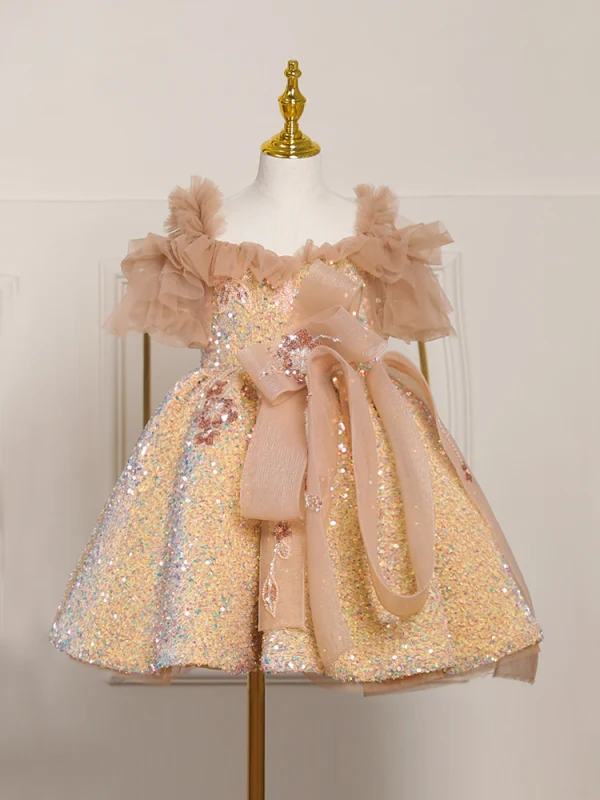 Scintillantes Champagne Perlage Paillettes Anniversaire Courte Robe Ceremonie Fille 2024 Robe Boule Encolure Carrée Manches Courtes Dos Nu