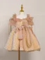 Scintillantes Champagne Perlage Paillettes Anniversaire Courte Robe Ceremonie Fille 2024 Robe Boule Encolure Carrée Manches Courtes Dos Nu