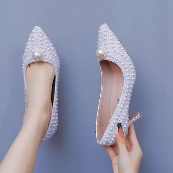 Classic White Pearl 7 cm Stiletto Heels Wedding Shoes 2025 Pointed Toe Wedding Pumps High Heels