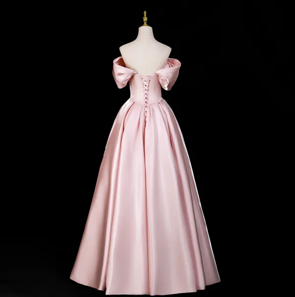Chic / Beautiful Blushing Pink Pearl Satin Prom Dresses 2025 A-Line / Princess Off-The-Shoulder Short Sleeve Backless Floor-Length / Long Formal Dresses