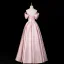 Chic / Beautiful Blushing Pink Pearl Satin Prom Dresses 2025 A-Line / Princess Off-The-Shoulder Short Sleeve Backless Floor-Length / Long Formal Dresses
