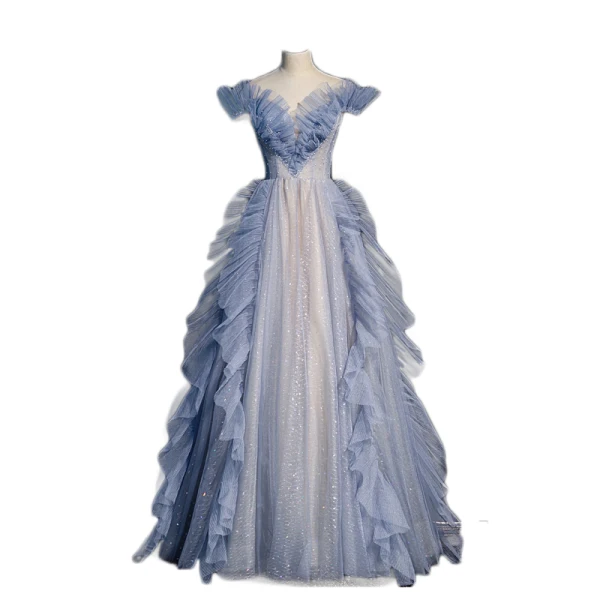 Fashion Sky Blue Ruffle Prom Dresses 2022 A-Line / Princess Off-The-Shoulder Sequins Pearl Short Sleeve Backless Floor-Length / Long Prom Formal Dresses