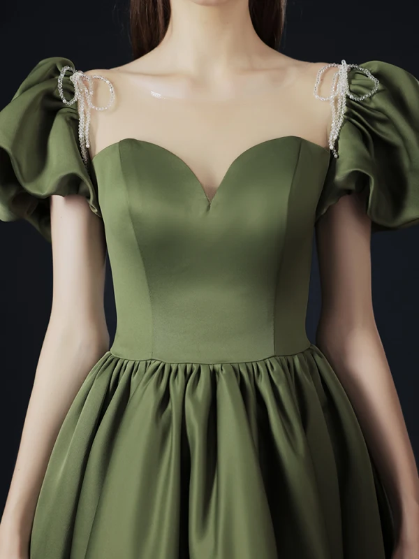 Vintage / Retro Olive Green Prom Dresses 2021 A-Line / Princess Short Sleeve Scoop Neck Crossed Straps Beading Pearl Ruffle Satin Floor-Length / Long Formal Dresses