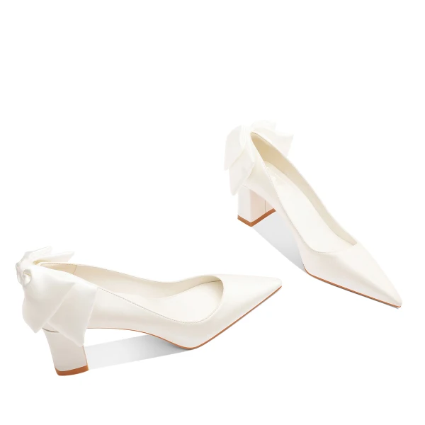Chic Blanche Noeud Chaussure De Mariée 2024 Cuir 7 cm Talon Bloc À Bout Pointu Mariage Escarpins Talons Hauts