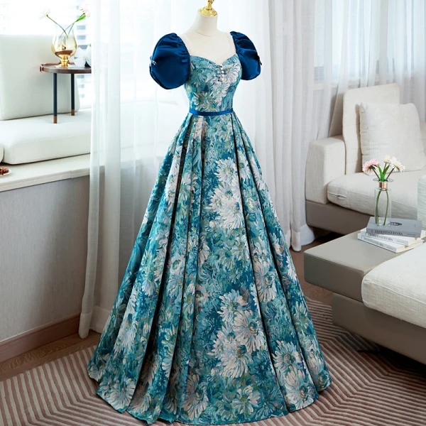 Elegant Pool Blue Printing Prom Dresses 2022 Ball Gown Square Neckline Puffy Short Sleeve Backless Bow Sash Floor-Length / Long Prom Formal Dresses