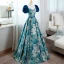 Elegant Pool Blue Printing Prom Dresses 2022 Ball Gown Square Neckline Puffy Short Sleeve Backless Bow Sash Floor-Length / Long Prom Formal Dresses