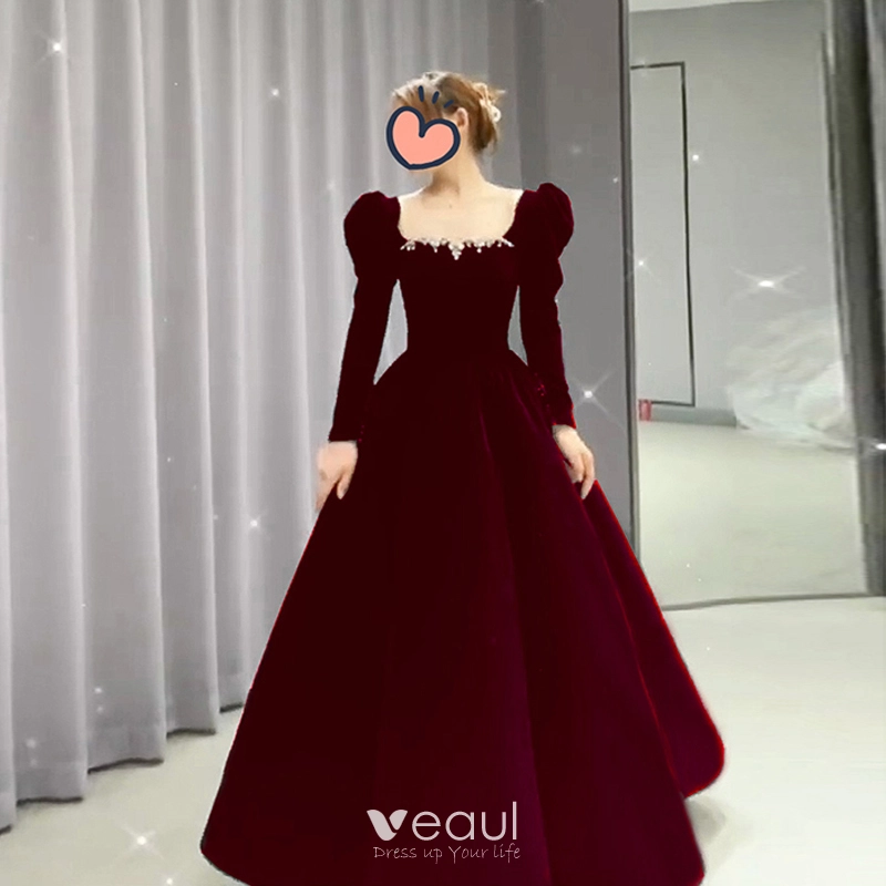 Audrey Hepburn Style Burgundy Winter Suede Prom Dresses 2023 A Line  Princess Square Neckline Long Sleeve Backless Floor Length Long Prom Formal  Dresses