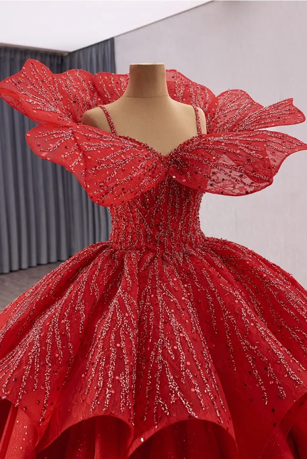 Luxury / Gorgeous Red Glitter Handmade  Beading Sequins Wedding Dresses 2025 Ball Gown Spaghetti Straps Short Sleeve Backless Chapel Train Wedding