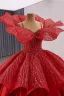 Luxury / Gorgeous Red Glitter Handmade  Beading Sequins Wedding Dresses 2025 Ball Gown Spaghetti Straps Short Sleeve Backless Chapel Train Wedding