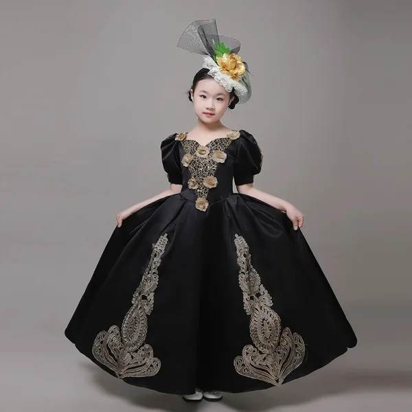 Vintage / Retro Medieval Black Flower Girl Dresses 2024 3D Lace Floral  V-Neck Short Sleeve Floor-Length / Long A-Line / Princess Cosplay Prom  Wedding Party Dresses
