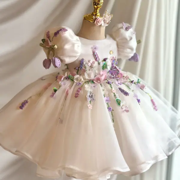 Chic / Beautiful White Beading Appliques Birthday Short Flower Girl Dresses 2026 Ball Gown Scoop Neck Puffy Short Sleeve