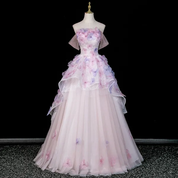 Flower Fairy Lavender Pearl Appliques Prom Dresses 2026 Ball Gown Off-The-Shoulder Short Sleeve Backless Tulle Floor-Length / Long Formal Dresses