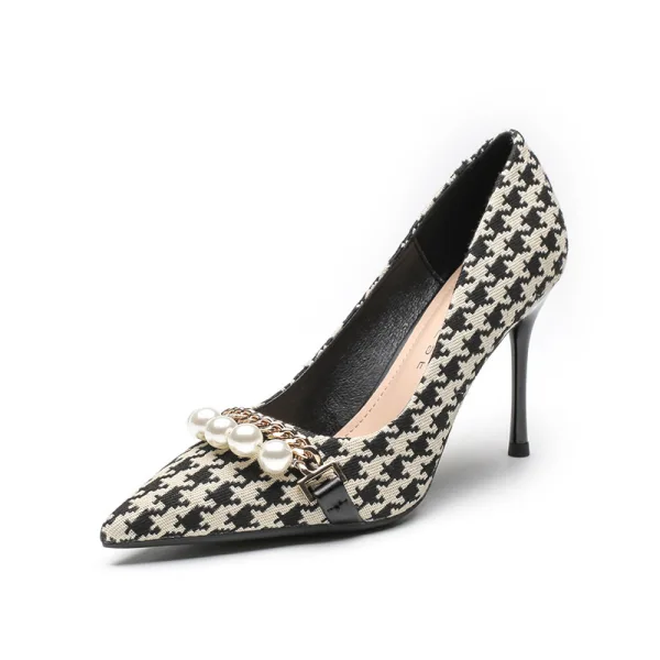 Fashion Black Plaid Evening Party Pumps 2022 Pearl 7 cm Stiletto Heels Pointed Toe Pumps High Heels