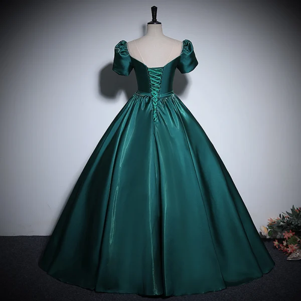 Vintage / Retro Dark Green Beading Lace Flower Prom Dresses 2024 Ball Gown Scoop Neck Puffy Short Sleeve Backless Floor-Length / Long Prom Formal Dresses