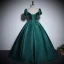 Vintage / Retro Dark Green Beading Lace Flower Prom Dresses 2024 Ball Gown Scoop Neck Puffy Short Sleeve Backless Floor-Length / Long Prom Formal Dresses