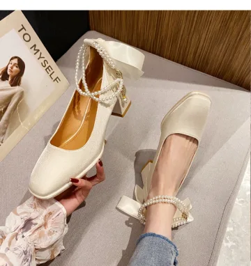 Vintage Retro Beige Street Wear Womens Shoes 2022 Pearl Ankle Strap Bow 5 Cm Thick Heels Square Toe Pumps High Heels