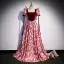 Chic / Beautiful Burgundy Printing Sequins Prom Dresses A-Line / Princess 2022 Square Neckline Puffy Short Sleeve Backless Sweep Train Prom Formal Dresses