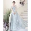Flower Fairy Sky Blue Appliques Prom Dresses 2023 A-Line / Princess Off-The-Shoulder Short Sleeve Backless Floor-Length / Long Prom Formal Dresses