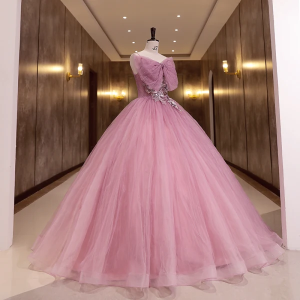 Charming Fuchsia Pearl Prom Dresses 2022 Ball Gown Spaghetti Straps Bow Sleeveless Backless Lace Flower Floor-Length / Long Formal Dresses
