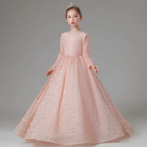 Scintillantes Rougissant Rose Paillettes Robe Ceremonie Fille 2022 Robe Boule Encolure Dégagée Manches Longues Noeud Longue Promo Robe Ceremonie Fille