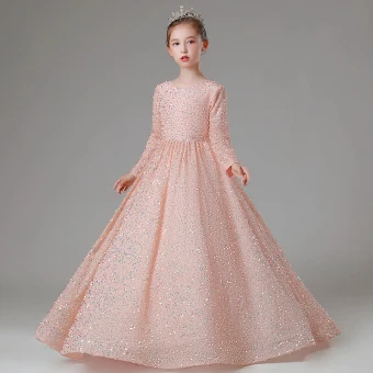 Scintillantes Rougissant Rose Paillettes Robe Ceremonie Fille 2022 Robe Boule Encolure Dégagée Manches Longues Noeud Longue Promo Robe Ceremonie Fille