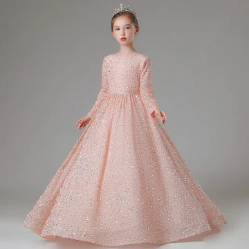 Scintillantes Rougissant Rose Paillettes Robe Ceremonie Fille 2022 Robe Boule Encolure Dégagée Manches Longues Noeud Longue Promo Robe Ceremonie Fille