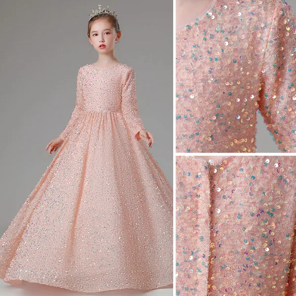 Scintillantes Rougissant Rose Paillettes Robe Ceremonie Fille 2022 Robe Boule Encolure Dégagée Manches Longues Noeud Longue Promo Robe Ceremonie Fille