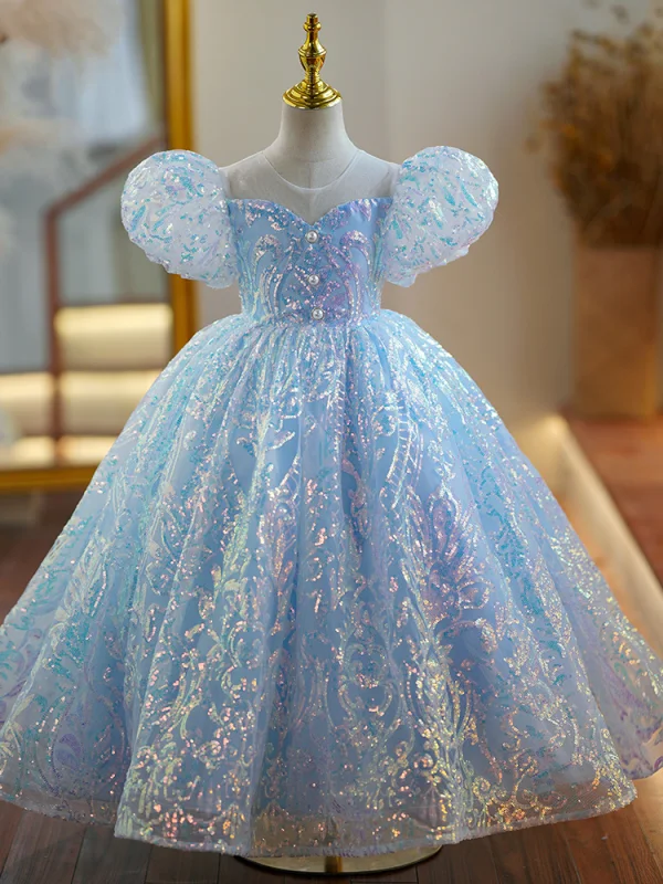 Sparkly Sky Blue Sequins Prom Flower Girl Dresses 2023 Ball Gown Scoop Neck Puffy Short Sleeve Floor-Length / Long Tulle