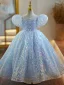Sparkly Sky Blue Sequins Prom Flower Girl Dresses 2023 Ball Gown Scoop Neck Puffy Short Sleeve Floor-Length / Long Tulle