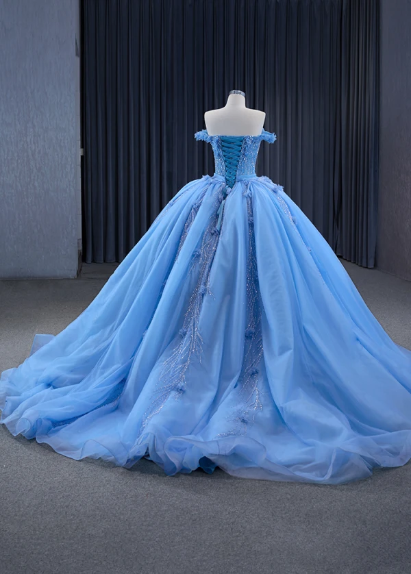 Haut de Gamme Bleu Perlage Paillettes Appliques Robe De Bal 2024 Robe Boule Bustier Sans Manches Dos Nu Train De Balayage Promo Robe De Ceremonie