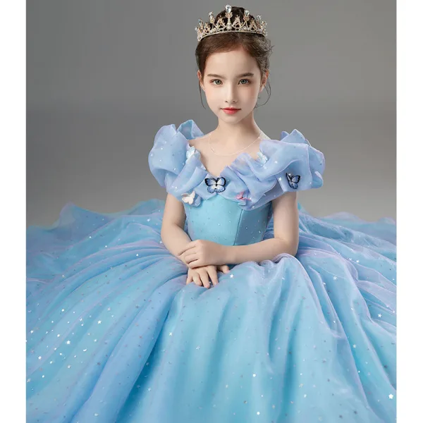Cinderella Charming Pool Blue Star Sequins Flower Girl Dresses 2022 Ball Gown Scoop Neck Lace Butterfly Short Sleeve Floor-Length / Long Flower Girl Dresses