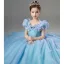 Cinderella Charming Pool Blue Star Sequins Flower Girl Dresses 2022 Ball Gown Scoop Neck Lace Butterfly Short Sleeve Floor-Length / Long Flower Girl Dresses