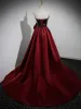 Chic / Beautiful Burgundy Sequins Flower Prom Dresses 2023 Trumpet / Mermaid Sleeveless Strapless Backless Court Train Prom Formal Dresses