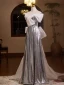 Scintillantes Argenté Paillettes Robe De Bal 2024 Princesse De l'épaule Sans Manches Dos Nu Noeud Longue Promo Robe De Ceremonie