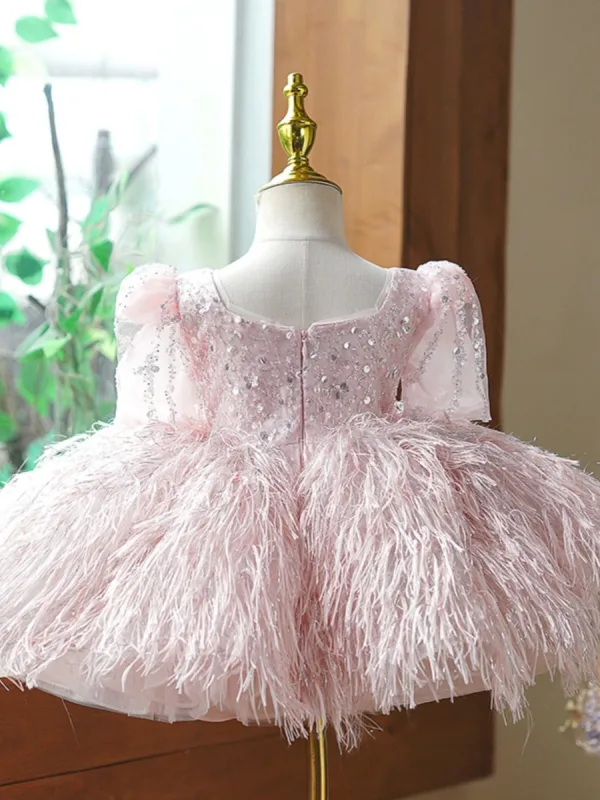 Chic / Beautiful Blushing Pink Beading Tassel Short Birthday Flower Girl Dresses 2023 Ball Gown Square Neckline Short Sleeve Flower Girl Dresses
