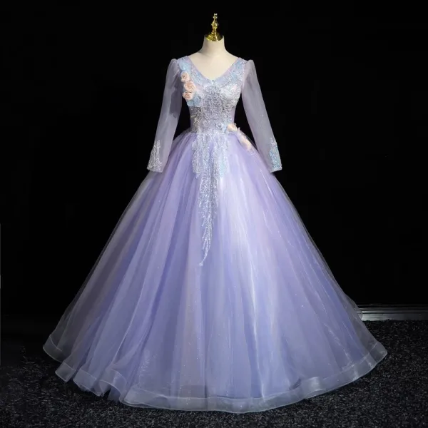 Chic / Beautiful Lavender Beading Sequins Appliques Prom Dresses 2023 Ball Gown V-Neck Long Sleeve Backless Floor-Length / Long Prom Formal Dresses