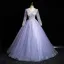 Chic / Beautiful Lavender Beading Sequins Appliques Prom Dresses 2023 Ball Gown V-Neck Long Sleeve Backless Floor-Length / Long Prom Formal Dresses