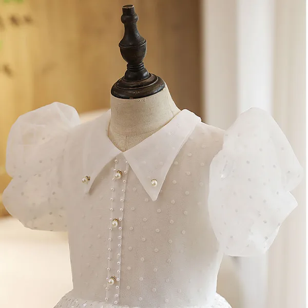 Chic / Belle Blanche Perle Paillettes Anniversaire Robe Ceremonie Fille 2022 Robe Boule Encolure Dégagée Manches Courtes Longue