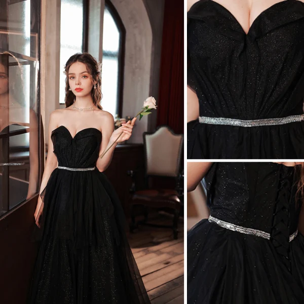 Charming Black Sequins Prom Dresses 2022 A-Line / Princess Organza Strapless Sleeveless Backless Rhinestone Sash Floor-Length / Long Prom Formal Dresses