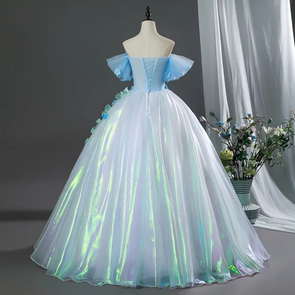 Zauberhaft Himmelblau Applikationen Ballkleider 2026 Ballkleid Off Shoulder Kurze Ärmel Rückenfreies Lange Festliche Kleider