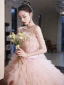 Charmant Rosa Fallende Rüsche Brautkleider / Hochzeitskleider 2023 Ballkleid Spaghettiträger Quaste Ärmellos Rückenfreies Schleife Stoffgürtel Kapelle-Schleppe Hochzeit