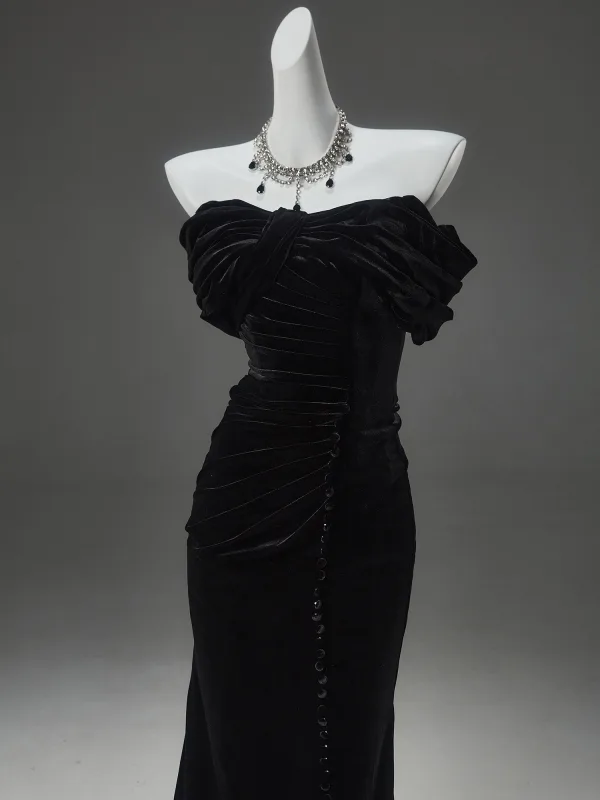 Haut de Gamme Noire Velours Robe De Soirée 2025 Trompette / Sirène Bustier Sans Manches Dos Nu Train De Balayage Soirée Robe De Ceremonie