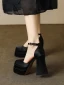 Fashion Beige Leather Prom Womens Sandals 2023 Ankle Strap 12 cm Thick Heels Square Toe Sandals