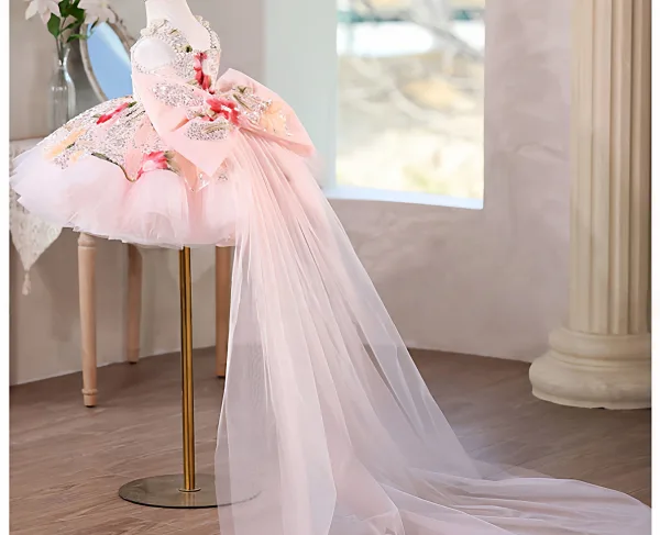 Dazzling Blushing Pink Beading Appliques Sequins Birthday Short Flower Girl Dresses 2026 Ball Gown Square Neckline Sleeveless Backless Bow