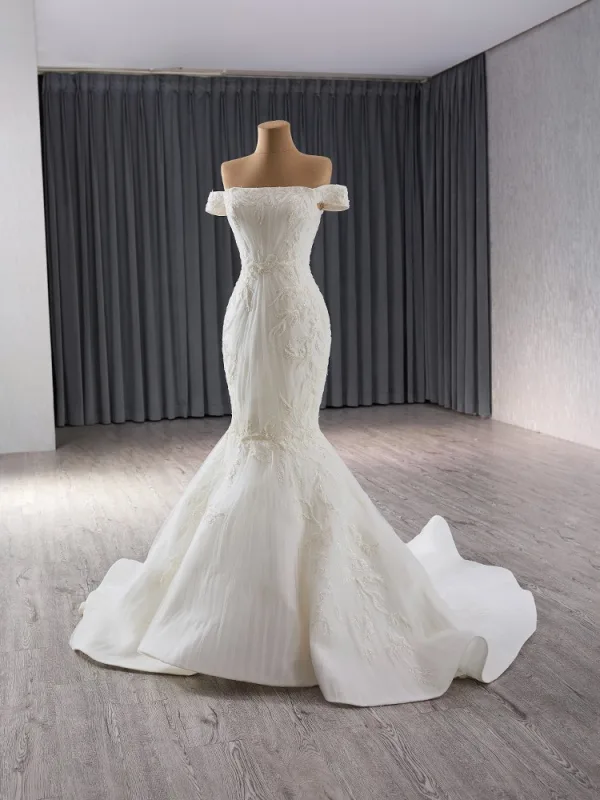 High End Weiß Perlenstickerei Pailletten Brautkleider / Hochzeitskleider 2024 Meerjungfrau Off Shoulder Ärmellos Rückenfreies Sweep / Pinsel Zug Hochzeit