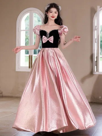 Lovely Candy Pink Satin Prom Dresses 2025 A Line Princess Square Neckline Bow Puffy Short Sleeve Backless Floor Length Long Prom Formal Dresses