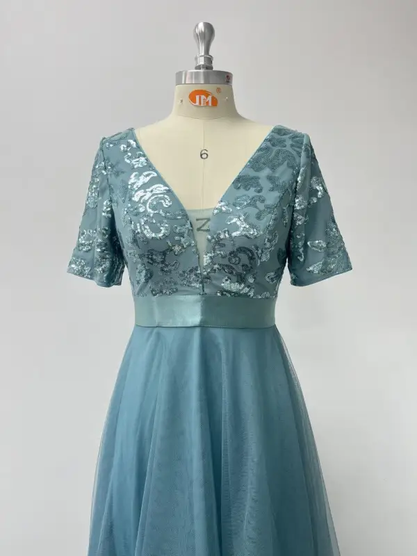 Simple Bleu Paillettes Asymétrique Robe De Bal 2024 Princesse V-Cou Manches Courtes Promo Robe De Ceremonie