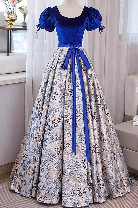 Élégant Bleu Roi Floral Robe De Bal 2023 Robe Boule Encolure Carrée Gonflée Manches Courtes Noeud Ceinture Dos Nu Longue Promo Robe De Ceremonie