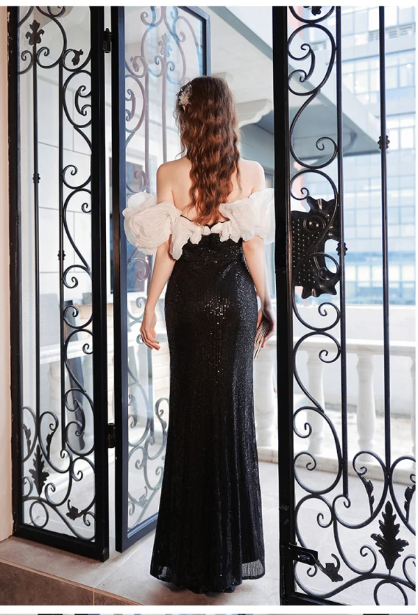 Charmant Noire Paillettes Robe De Soirée 2022 Trompette / Sirène Volants De l'épaule Manches Courtes Dos Nu Longue Robe De Ceremonie